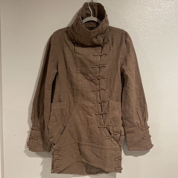 Unique Tan Linen Jacket Coat Asymetric Frog Closure Lagenlook Vintage M/L - Picture 1 of 12
